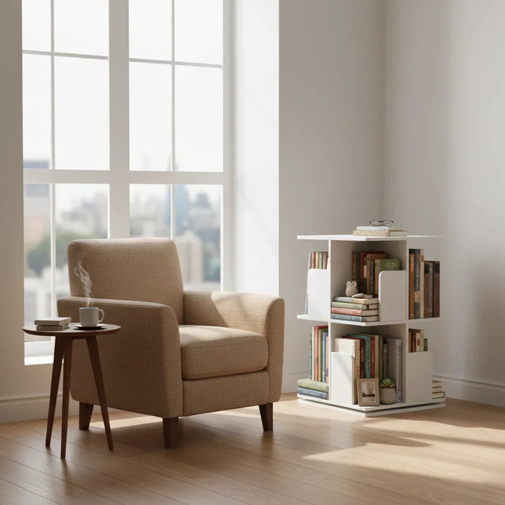 White Wooden Rotating Bookcase Square Tall Standing Bookshelf