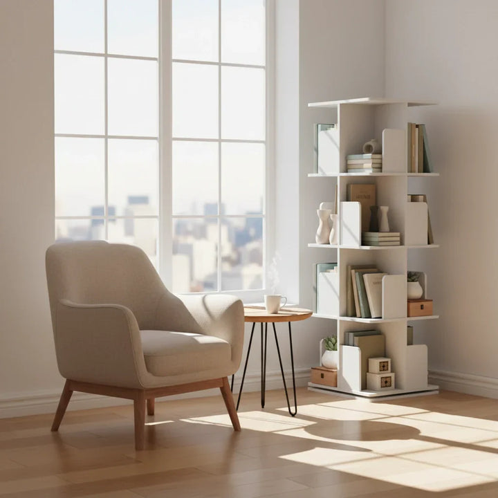 White Wooden Rotating Bookcase Square Tall Standing Bookshelf