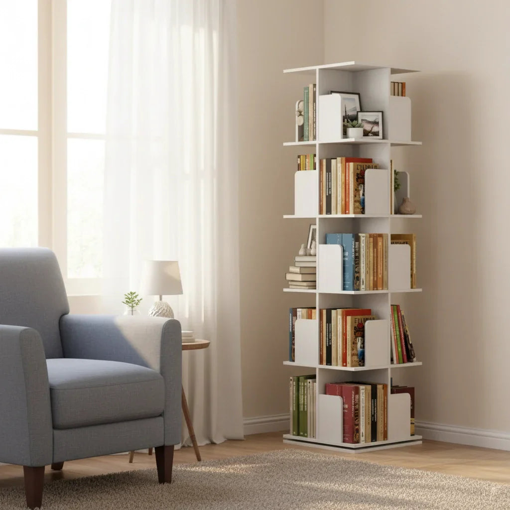White Wooden Rotating Bookcase Square Tall Standing Bookshelf