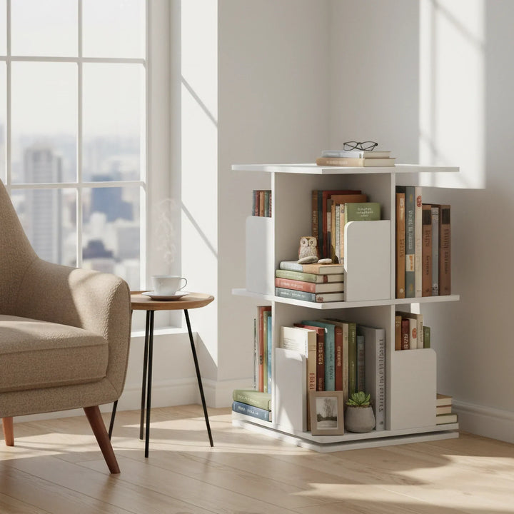 White Wooden Rotating Bookcase Square Tall Standing Bookshelf