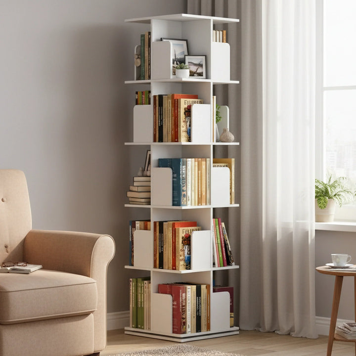 White Wooden Rotating Bookcase Square Tall Standing Bookshelf