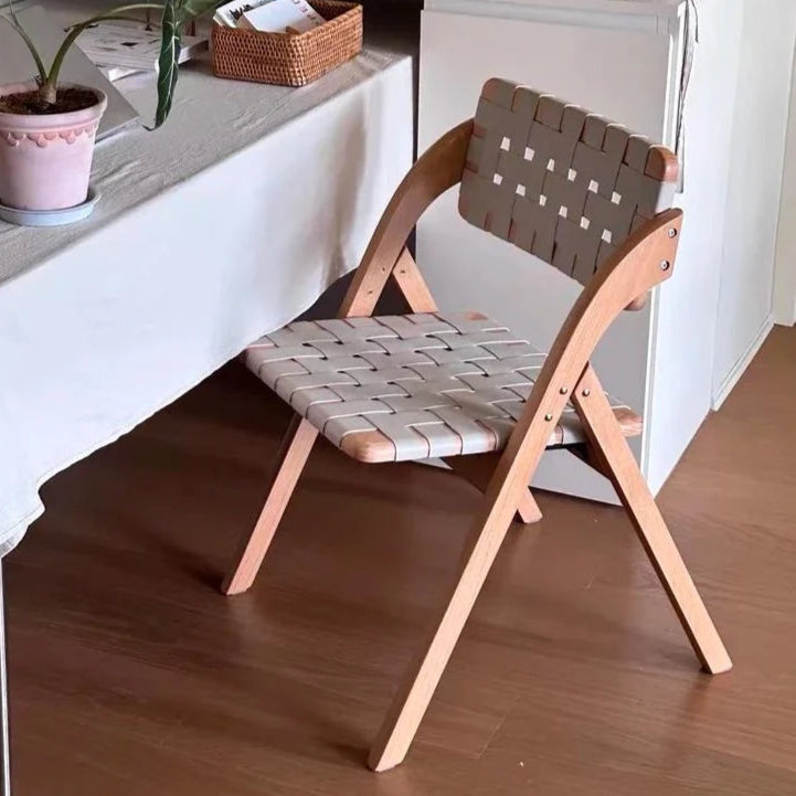 Vintage Solid Wood Folding Chair with Saddle Leather