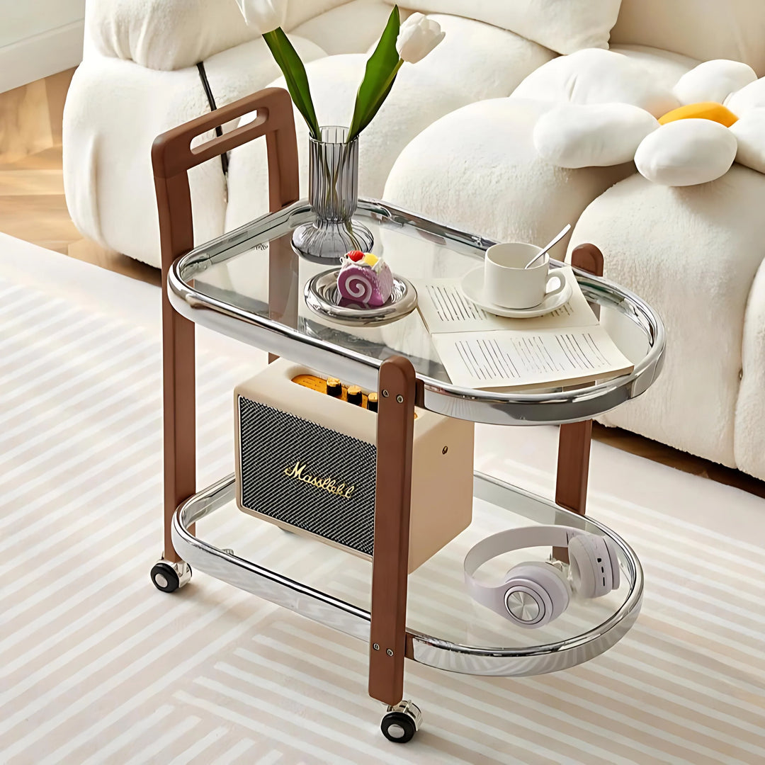 Mid-Century Solid Wood and Glass Rolling Cart for Living Room