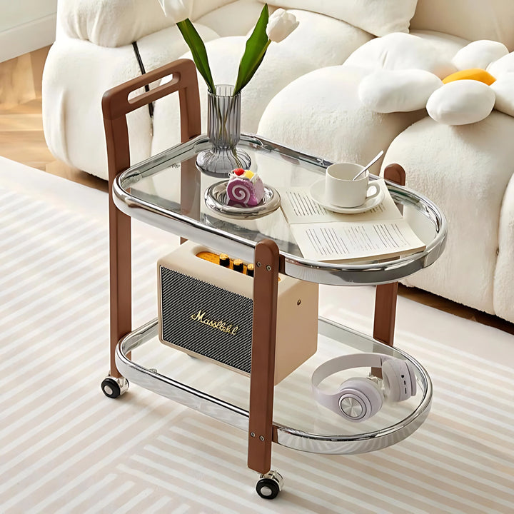Mid-Century Solid Wood and Glass Rolling Cart for Living Room