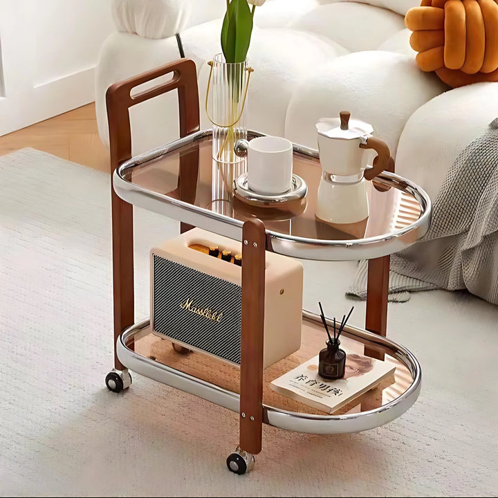 Mid-Century Solid Wood and Glass Rolling Cart for Living Room
