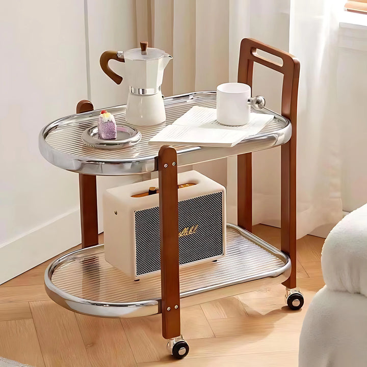 Mid-Century Solid Wood and Glass Rolling Cart for Living Room