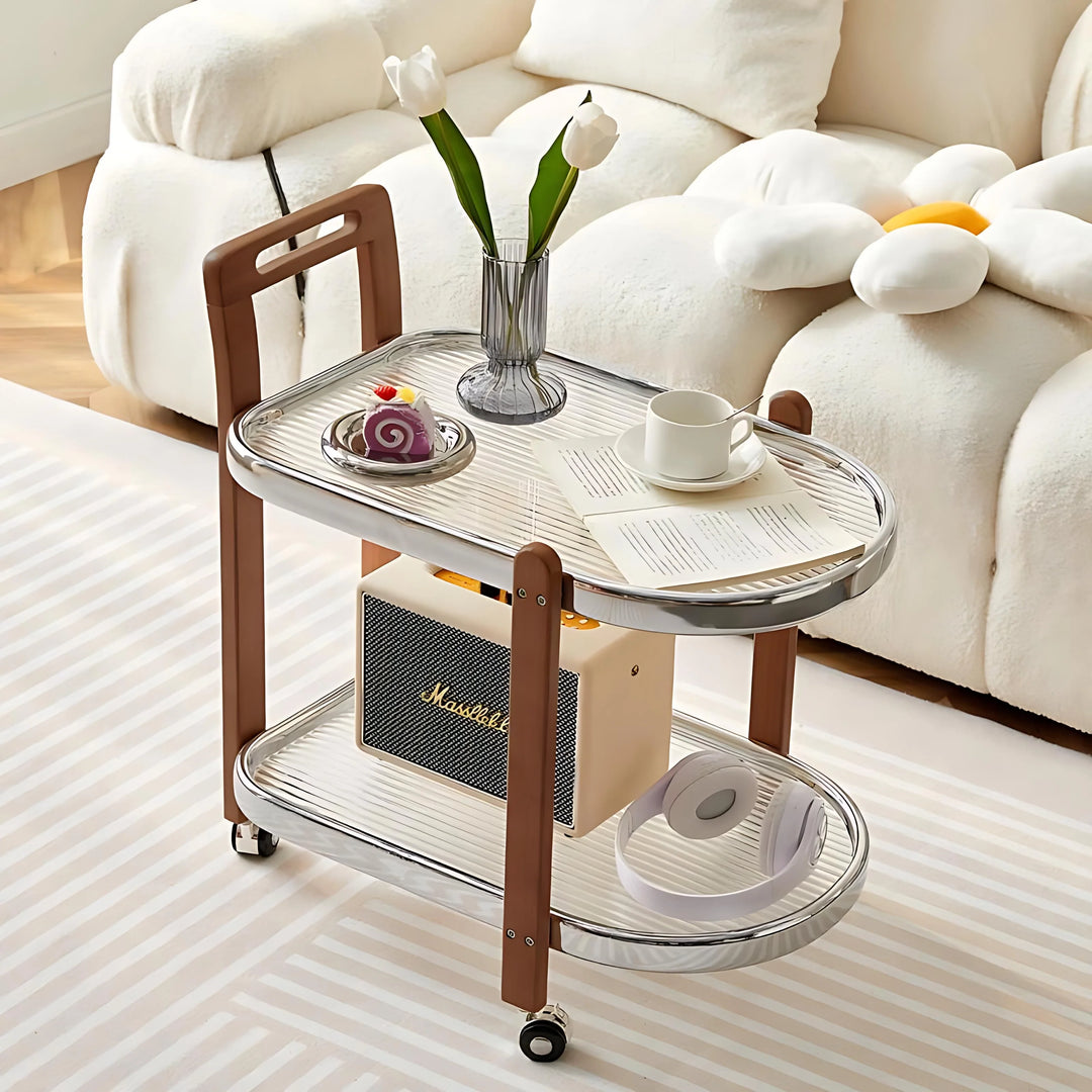 Mid-Century Solid Wood and Glass Rolling Cart for Living Room