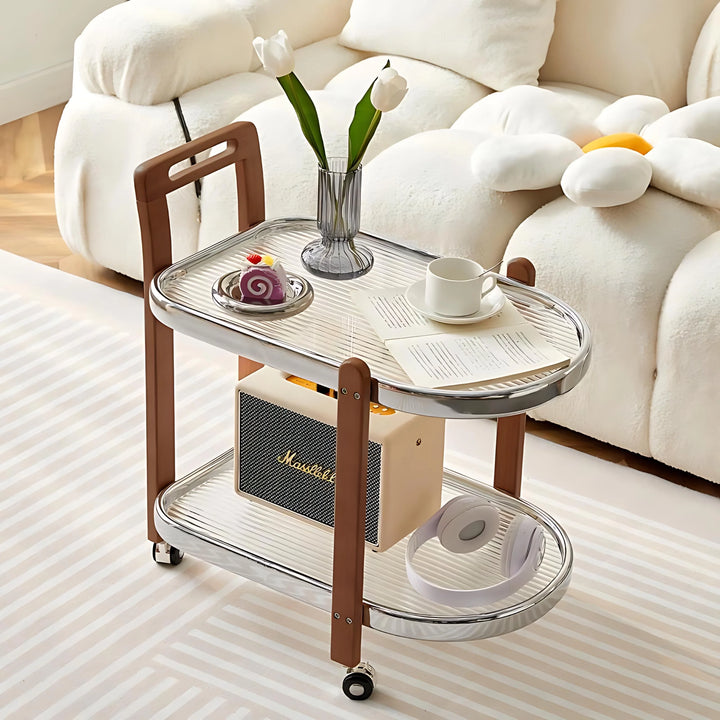 Mid-Century Solid Wood and Glass Rolling Cart for Living Room