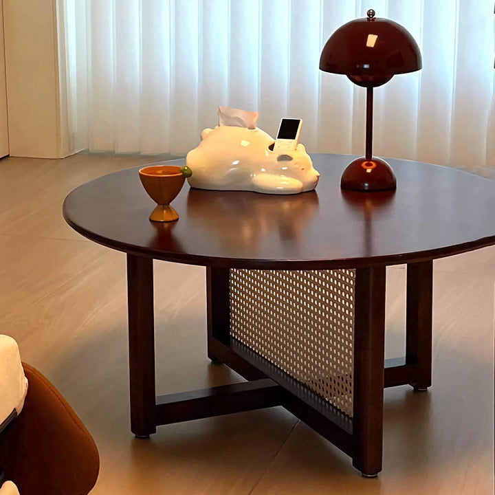 Vintage Natural Rattan Solid Wood Round Coffee Table