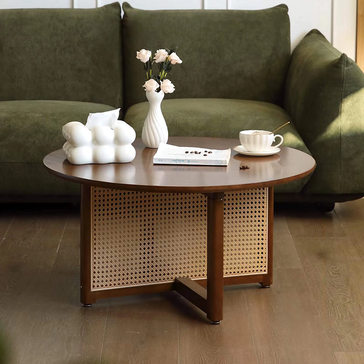 Vintage Natural Rattan Solid Wood Round Coffee Table