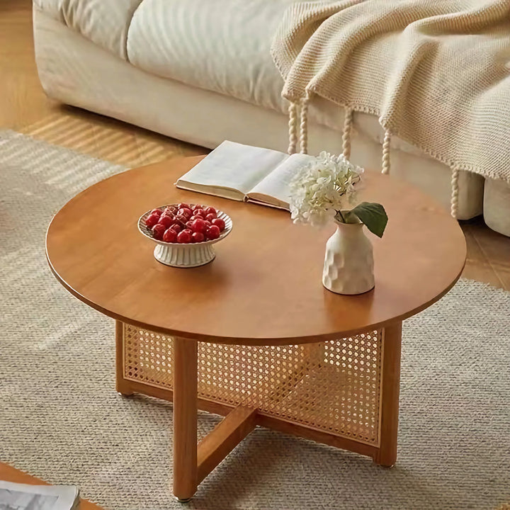 Vintage Natural Rattan Solid Wood Round Coffee Table