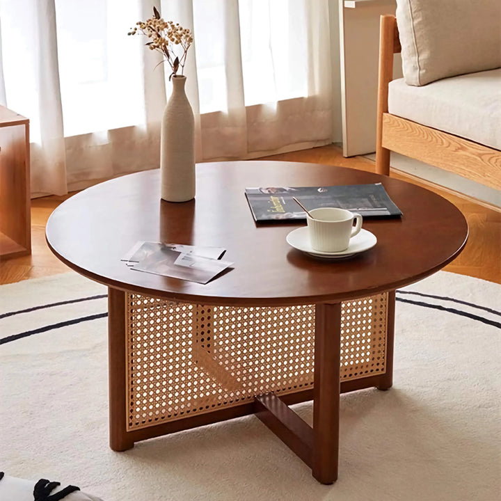Vintage Natural Rattan Solid Wood Round Coffee Table