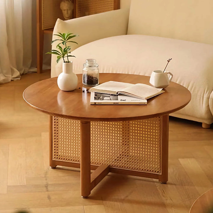 Vintage Natural Rattan Solid Wood Round Coffee Table