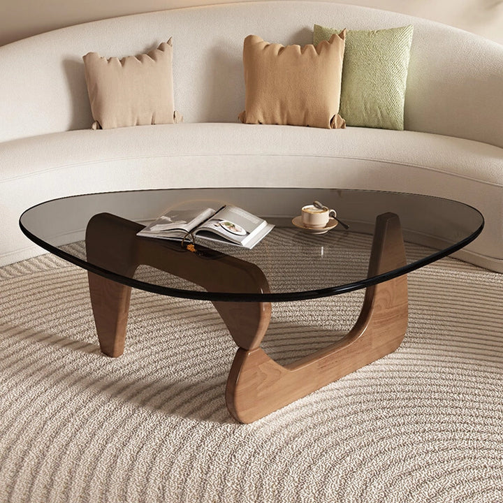 Modern Round Glass Coffee Table with Solid Wood Legs