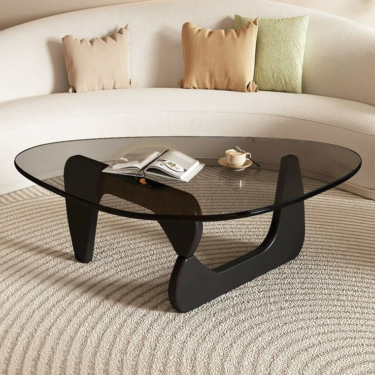 Modern Round Glass Coffee Table with Solid Wood Legs