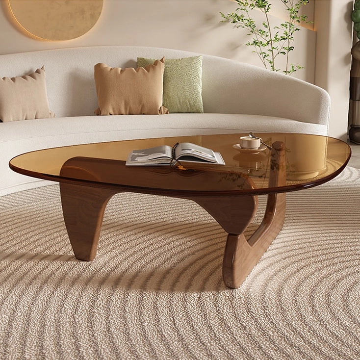 Modern Round Glass Coffee Table with Solid Wood Legs