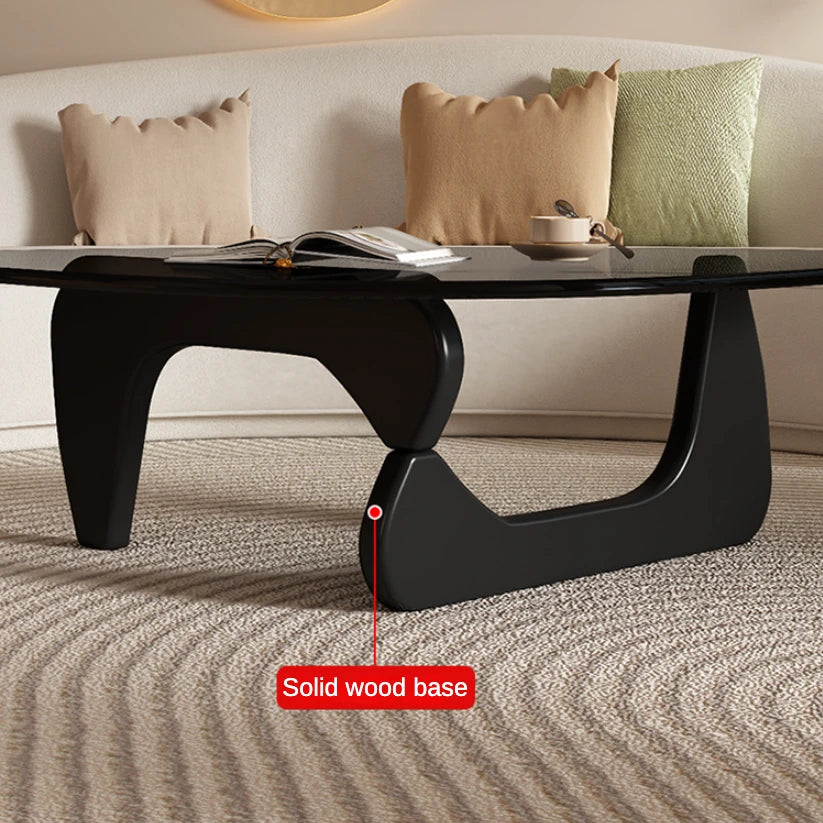 Modern Round Glass Coffee Table with Solid Wood Legs