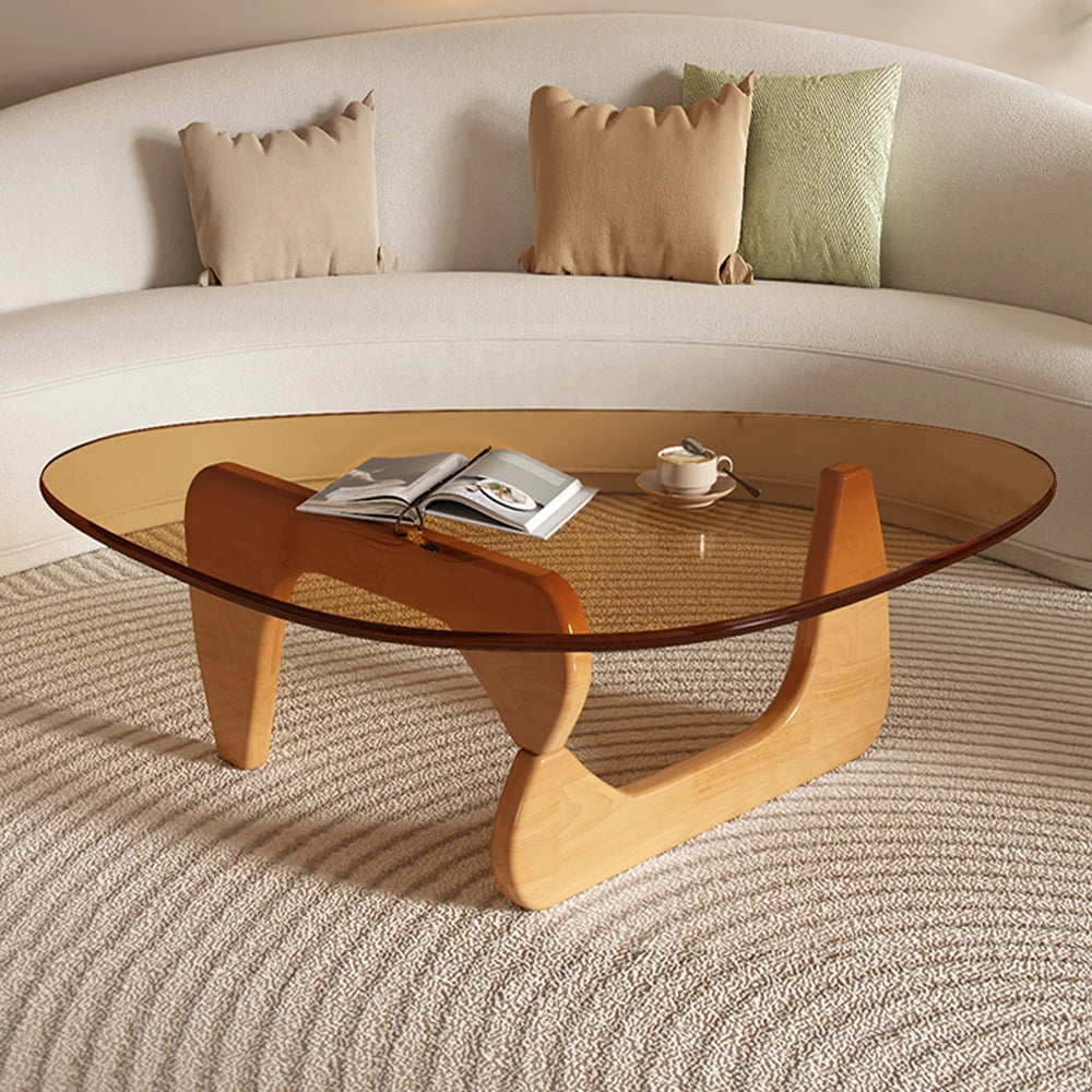 Modern Round Glass Coffee Table with Solid Wood Legs