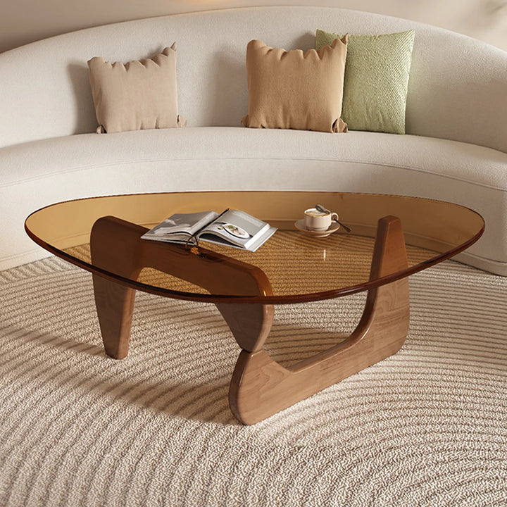 Modern Round Glass Coffee Table with Solid Wood Legs