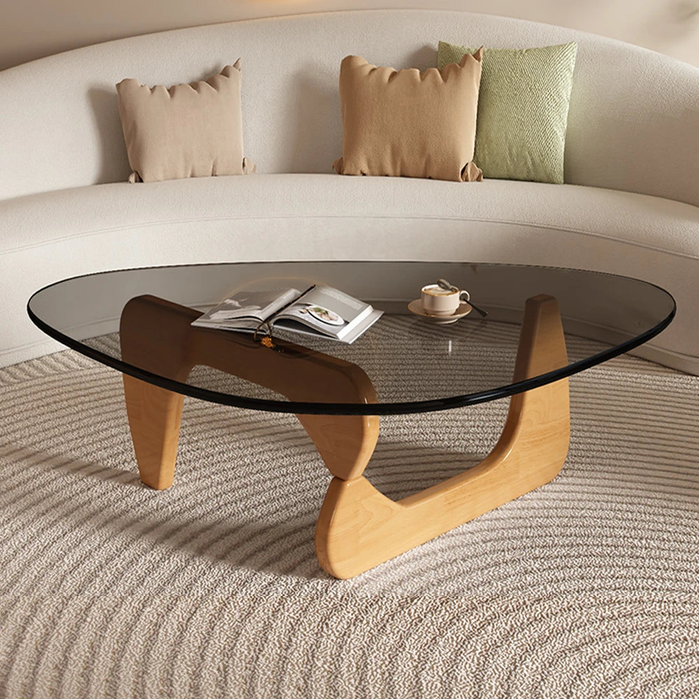 Modern Round Glass Coffee Table with Solid Wood Legs