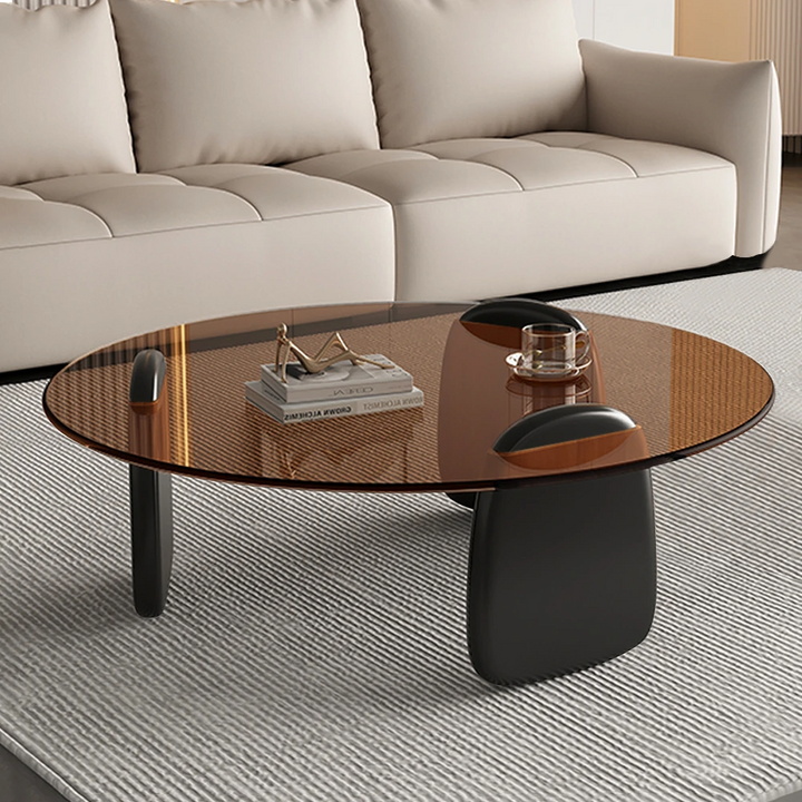 Modern Round Glass Coffee Table with Wooden Base