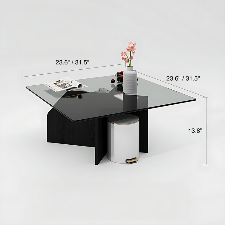 Modern Square Glass Coffee Table with Wood Storage Shelf