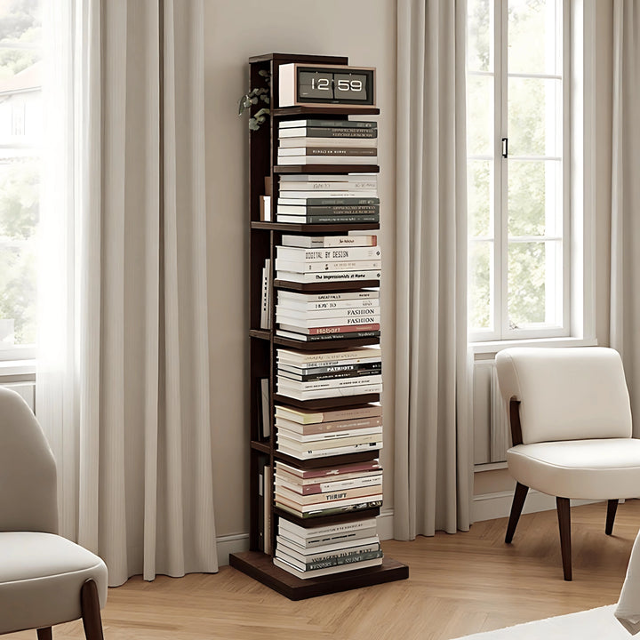 Narrow Wooden Corner Bookshelf 9-Shelf Bookcase with Storage