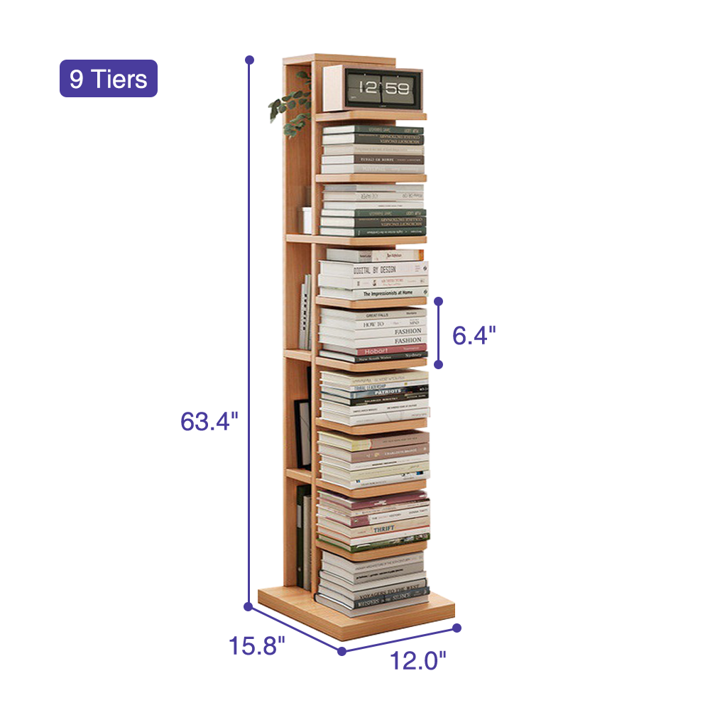 Narrow Wooden Corner Bookshelf 9-Shelf Bookcase with Storage