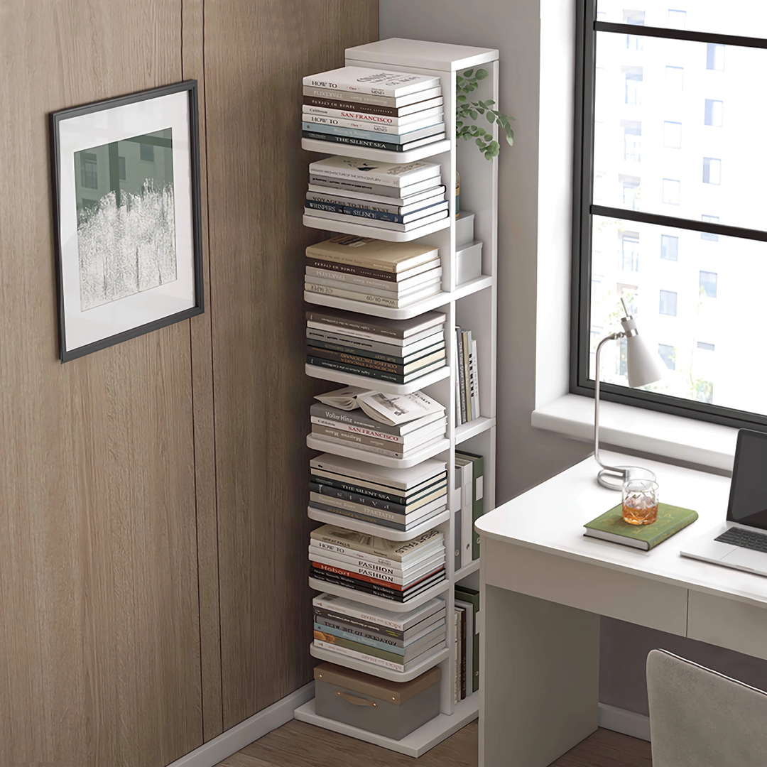 Narrow Wooden Corner Bookshelf 9-Shelf Bookcase with Storage