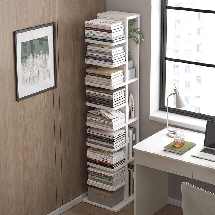Narrow Wooden Corner Bookshelf 9-Shelf Bookcase with Storage