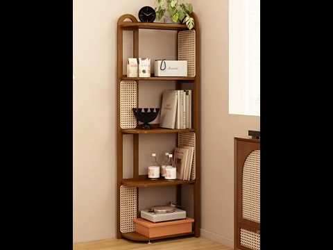 Solid Wood Rattan Bookshelf Corner Storage Rack