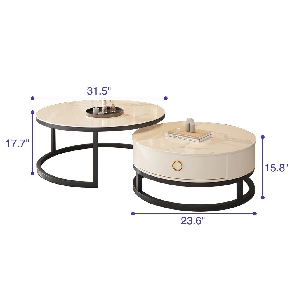 Round Nesting Faux Marble and Glass Coffee Table Set