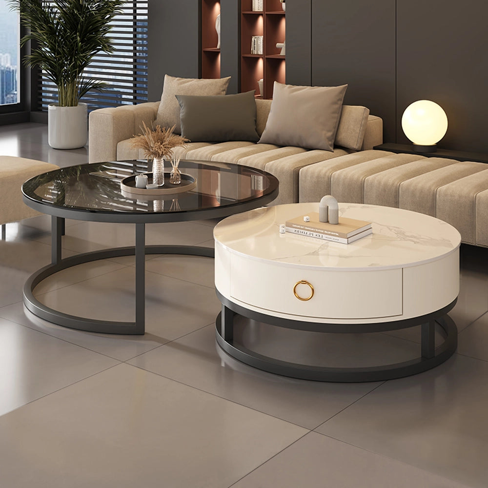 Round Nesting Faux Marble and Glass Coffee Table Set