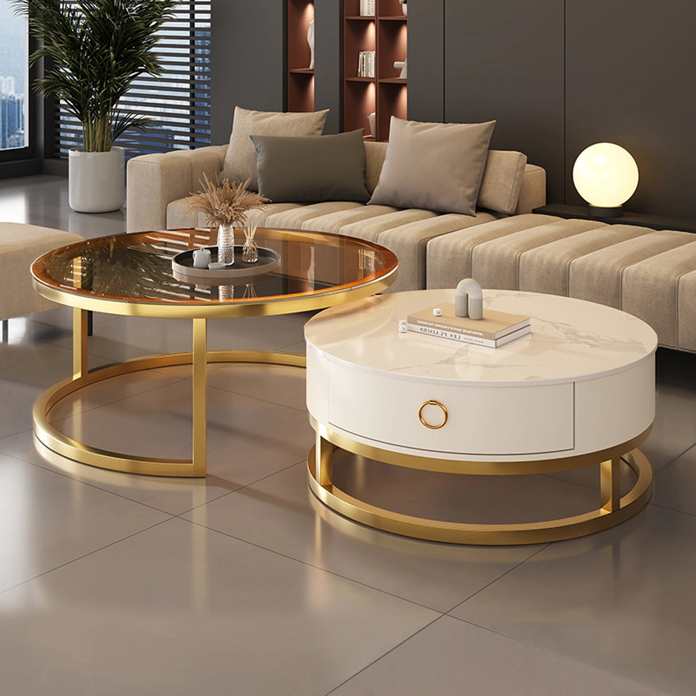 Round Nesting Faux Marble and Glass Coffee Table Set