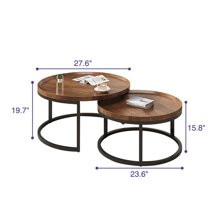 Set of 2 Wood Nesting Coffee Tables with Metal Base