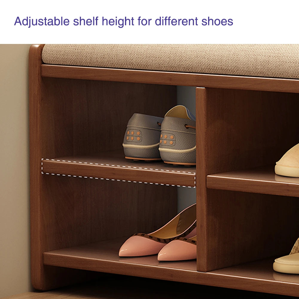 Simple Solid Wood Shoe Storage Bench with Cushion for Hallway Zwob