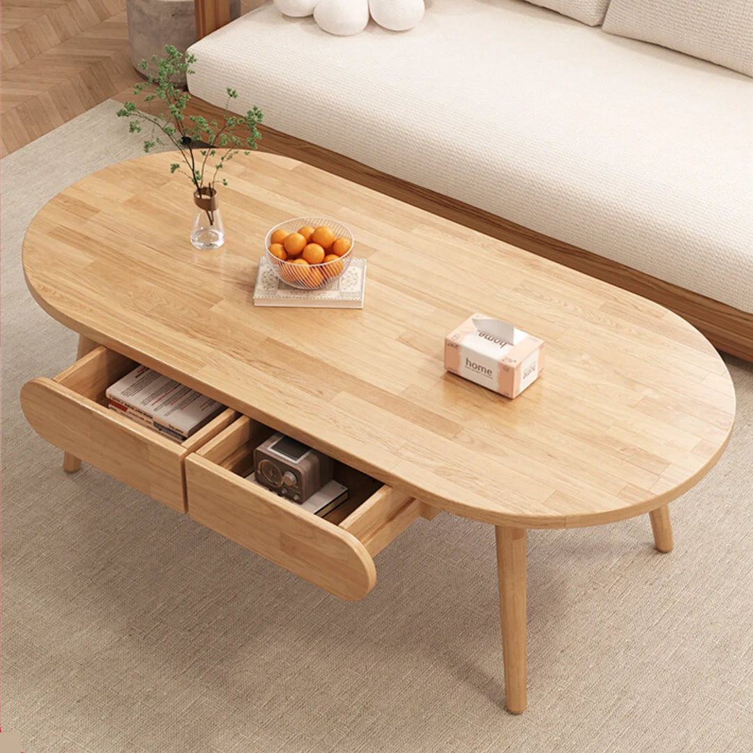 Solid Wood Round Coffee Table with Storage Drawers