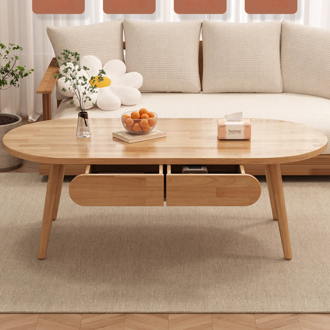 Solid Wood Round Coffee Table with Storage Drawers