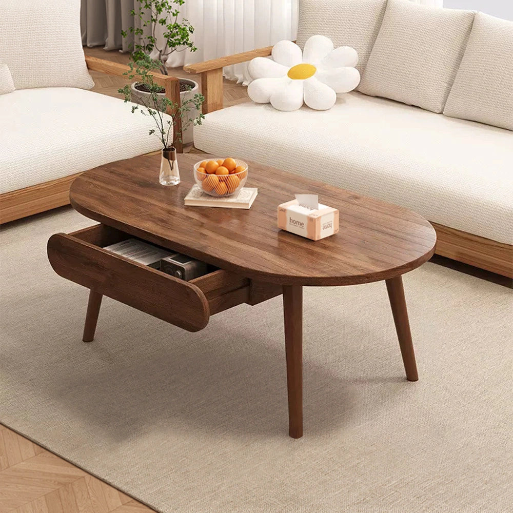 Solid Wood Round Coffee Table with Storage Drawers