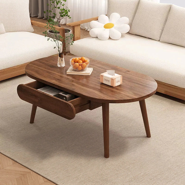Solid Wood Round Coffee Table with Storage Drawers