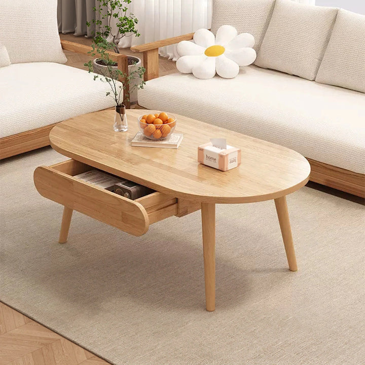 Solid Wood Round Coffee Table with Storage Drawers