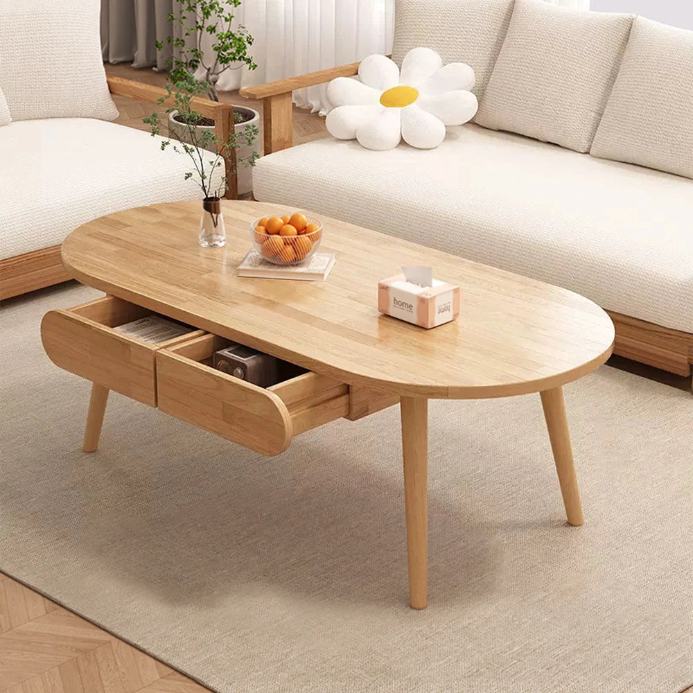 Solid Wood Round Coffee Table with Storage Drawers