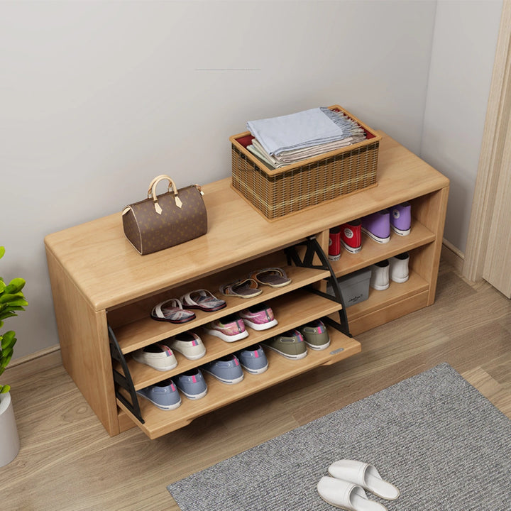 Solid Wood Shoe Storage Bench with Flip-Door Shoe Cabinet