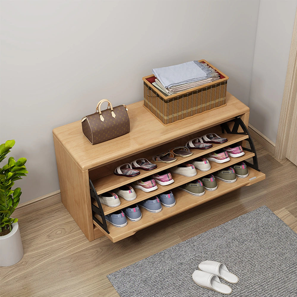 Solid Wood Shoe Storage Bench with Flip-Door Shoe Cabinet