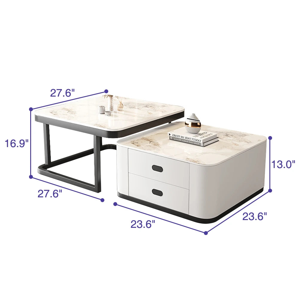 Square Nesting Faux Marble Coffee Table Set with Storage Drawer