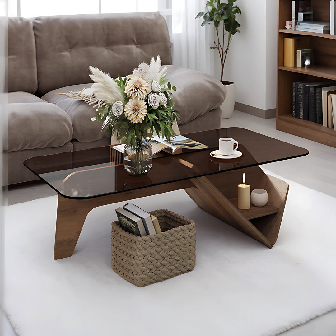 Unique Square Glass Coffee Table with Wood Storage Base