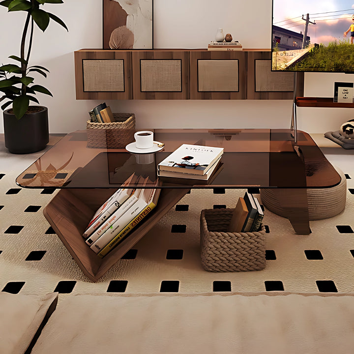 Unique Square Glass Coffee Table with Wood Storage Base