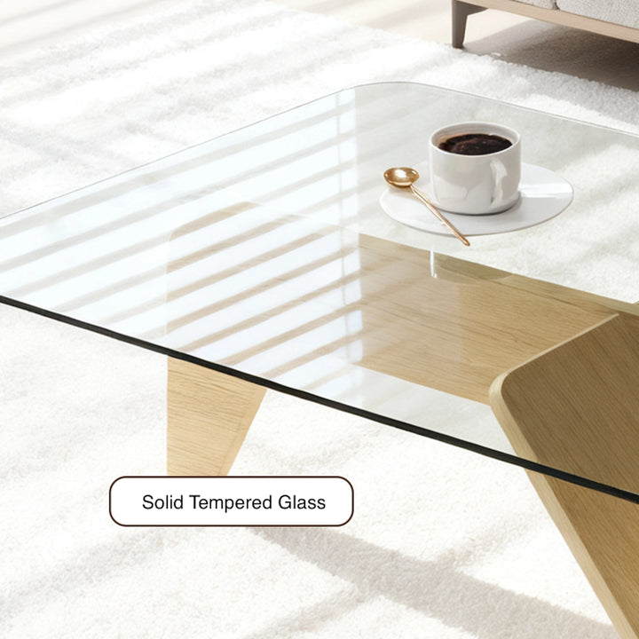 Unique Square Glass Coffee Table with Wood Storage Base