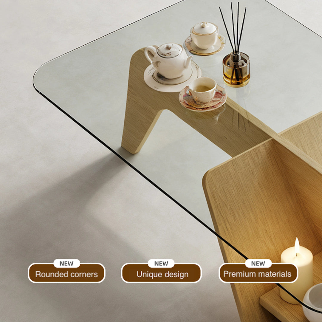 Unique Square Glass Coffee Table with Wood Storage Base