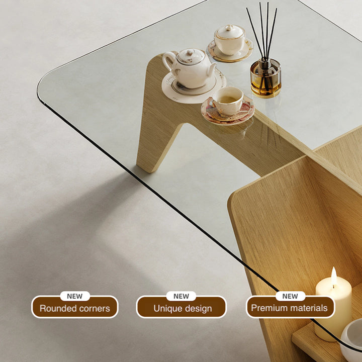 Unique Square Glass Coffee Table with Wood Storage Base